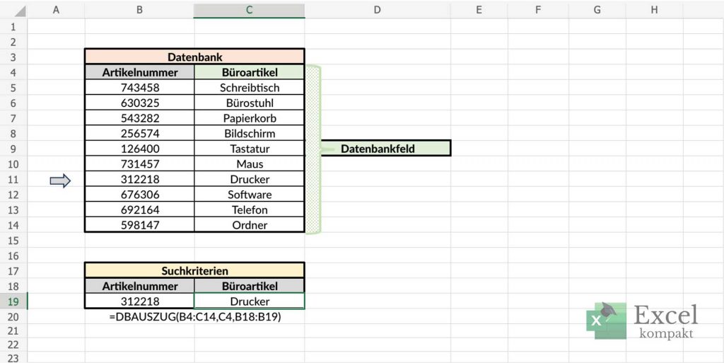 Beispiel zu der DBAUSZUG Funktion in Excel